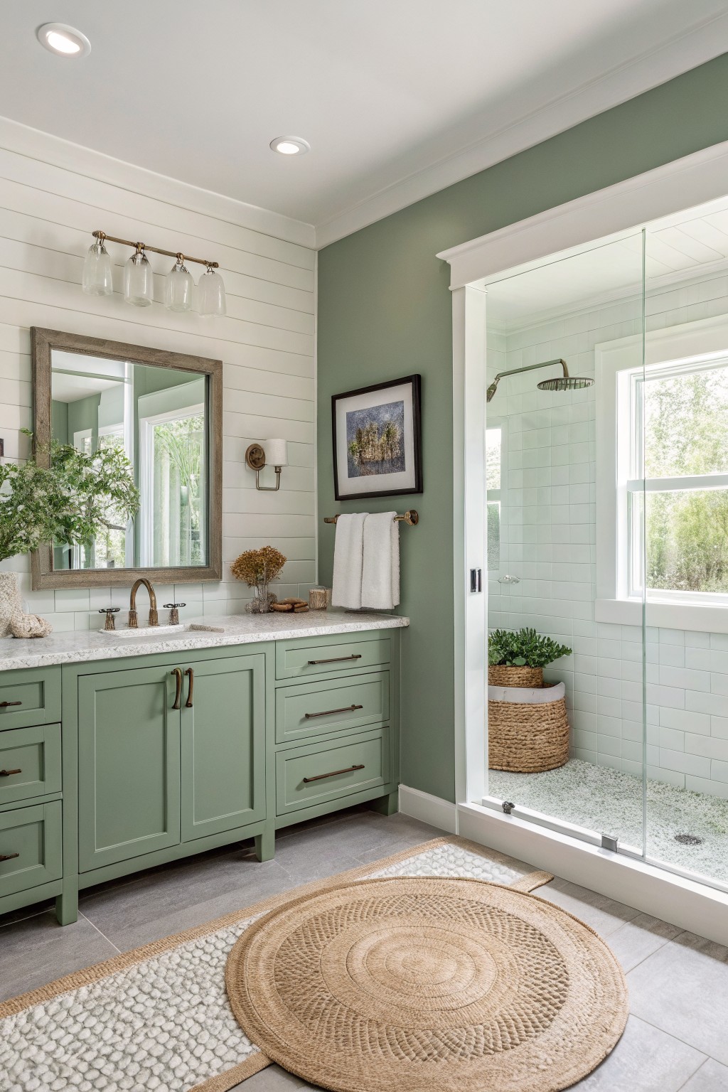 A bathroom with soft sage green walls and matching vanity cabinets.