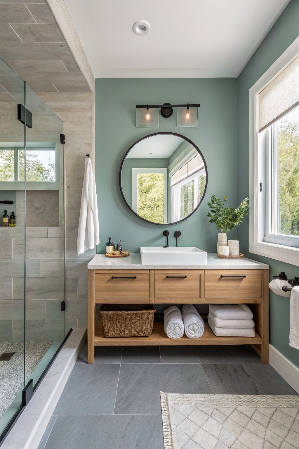 A bathroom with soft sage green walls, a round mirror, and a light wood vanity.