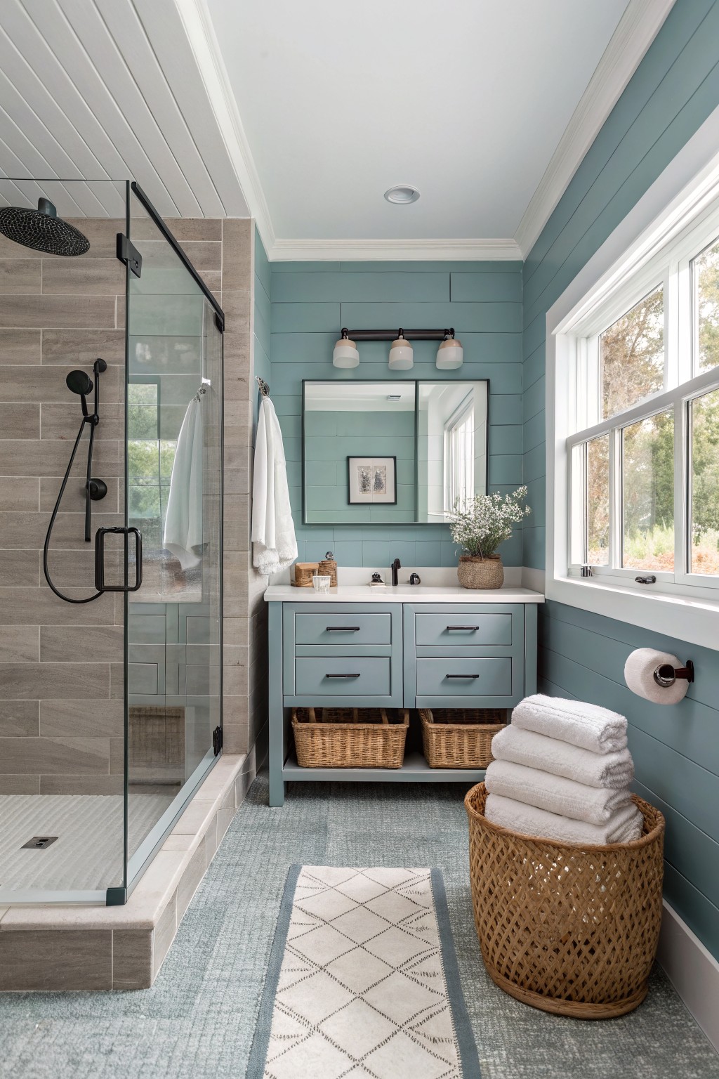 A modern bathroom with soft teal painted walls and a glass enclosed shower.