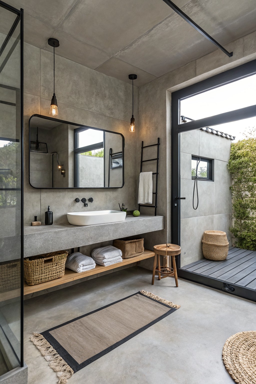 A modern bathroom with soft warm greige walls and a floating concrete vanity.