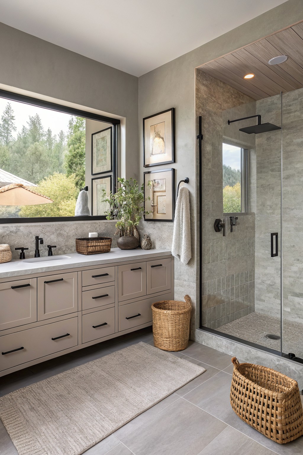 Modern bathroom with warm greige walls and matching vanity cabinets.