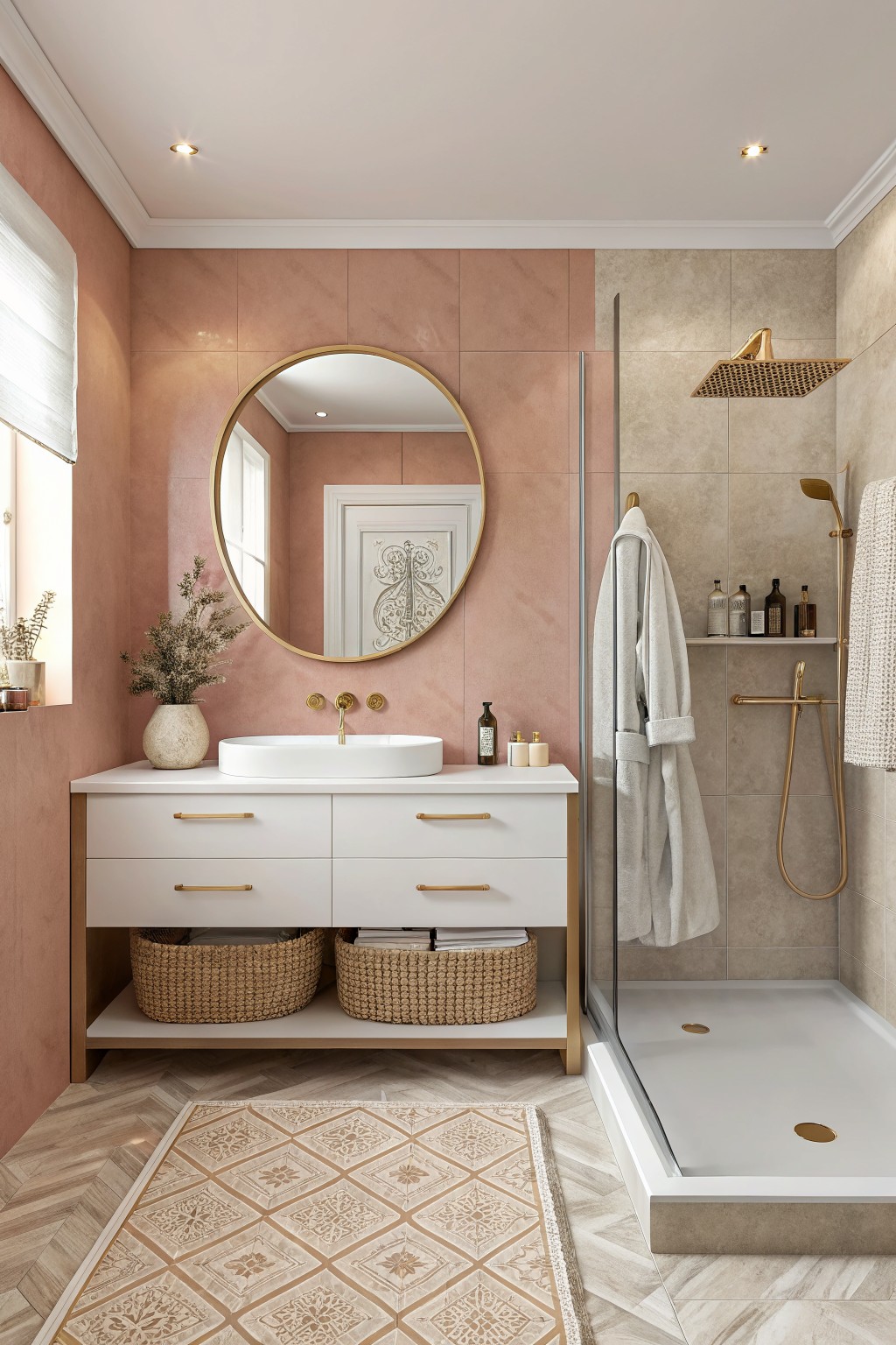Bathroom walls painted in a warm terracotta pink with a white vanity below a round mirror.