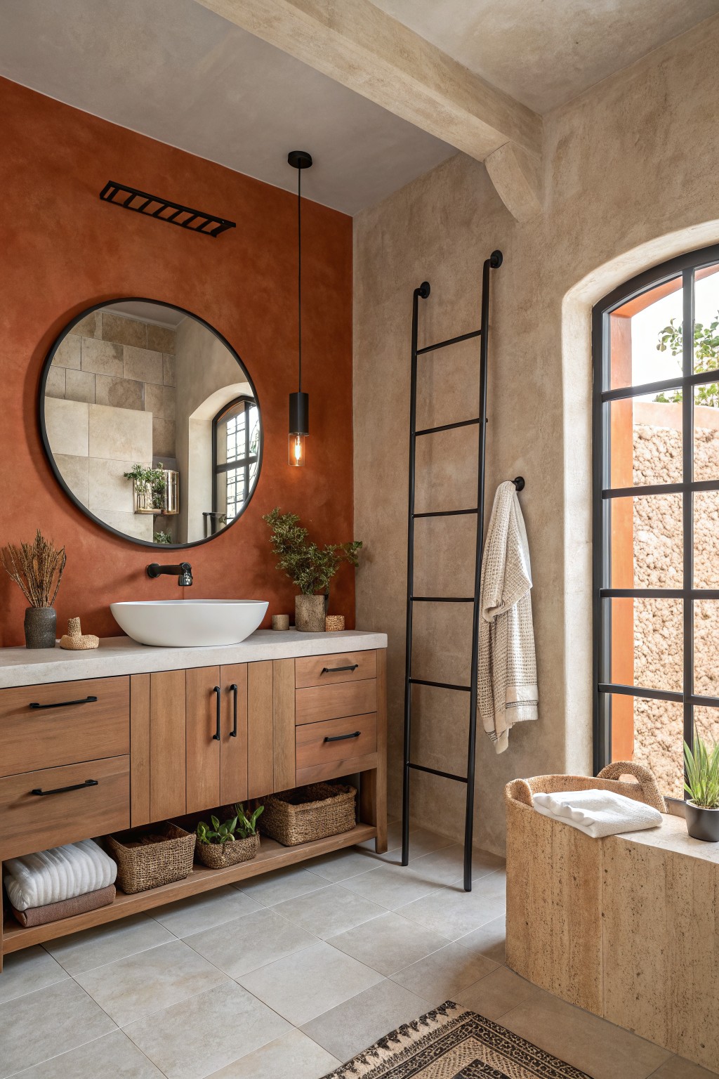 A bathroom with warm terracotta walls and a wooden vanity.