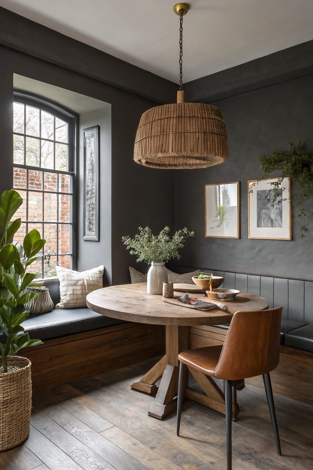 Dark charcoal gray walls in a dining space with wood furniture and built-in bench seating.