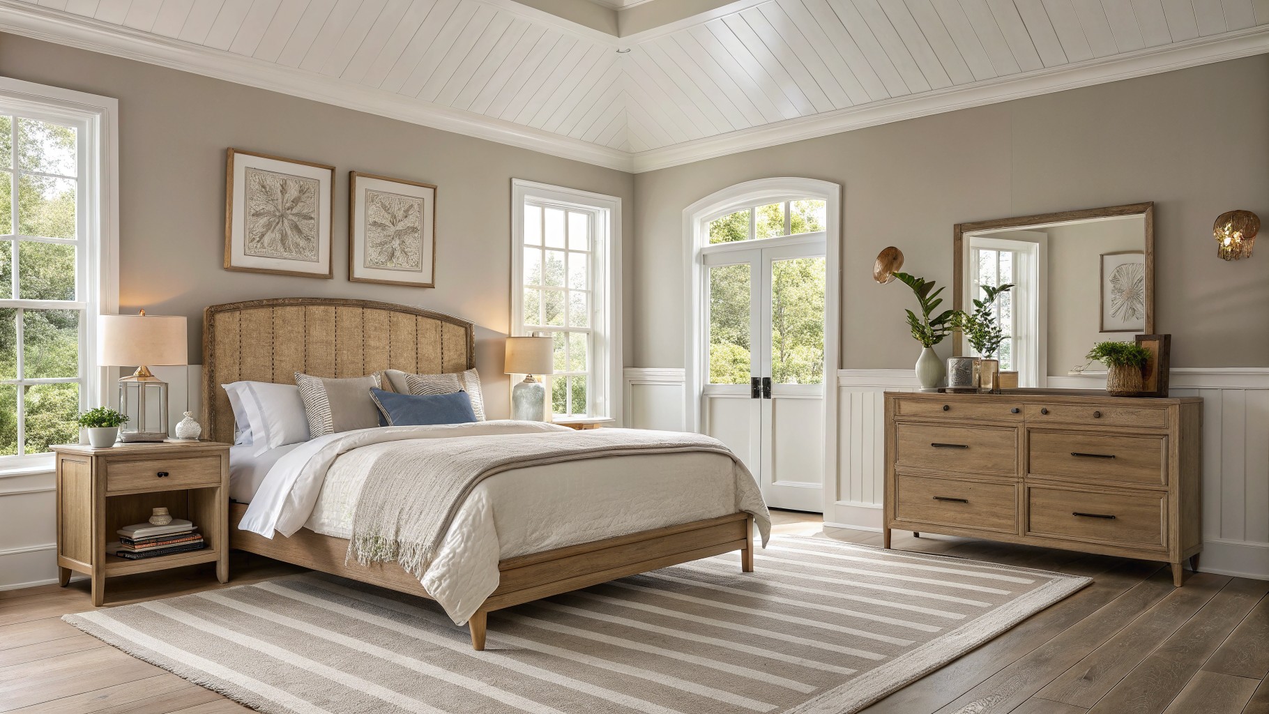 A bedroom with soft greige walls and wood furniture.