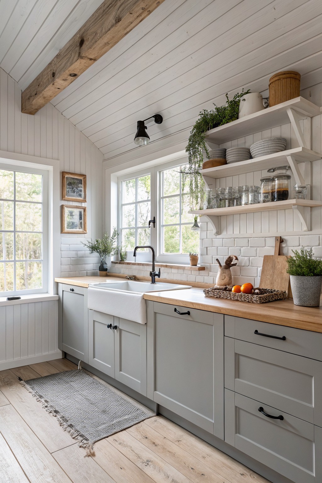 Light gray kitchen cabinets with wood countertops and open white shelves.