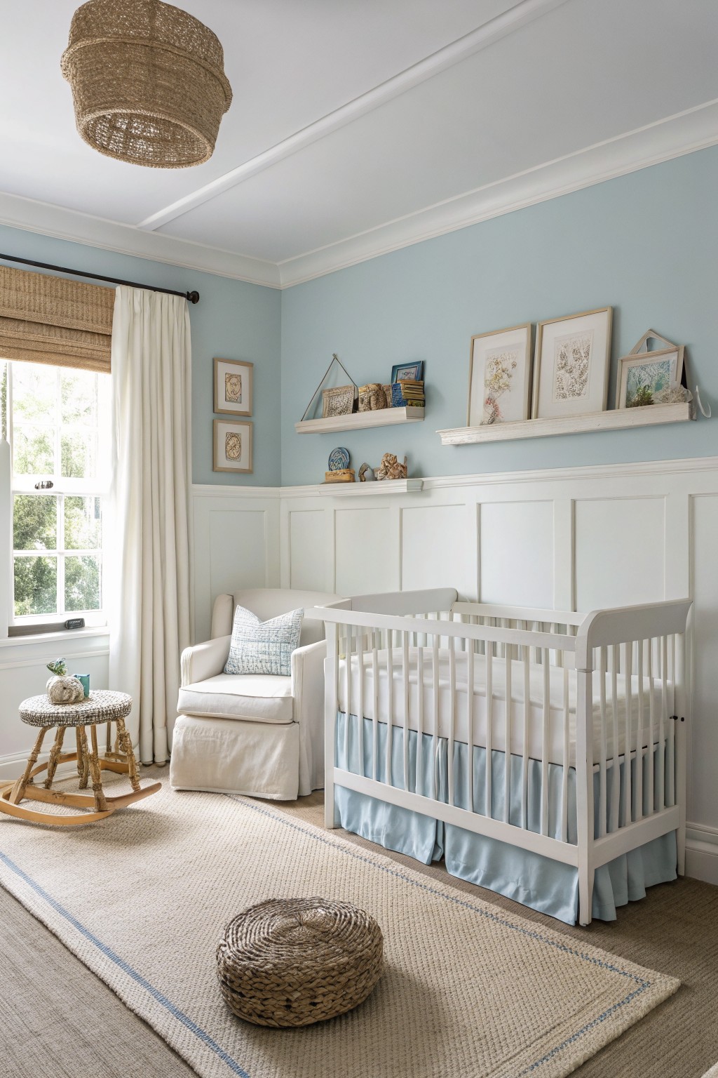 Light blue walls with white wainscoting in a bright nursery.