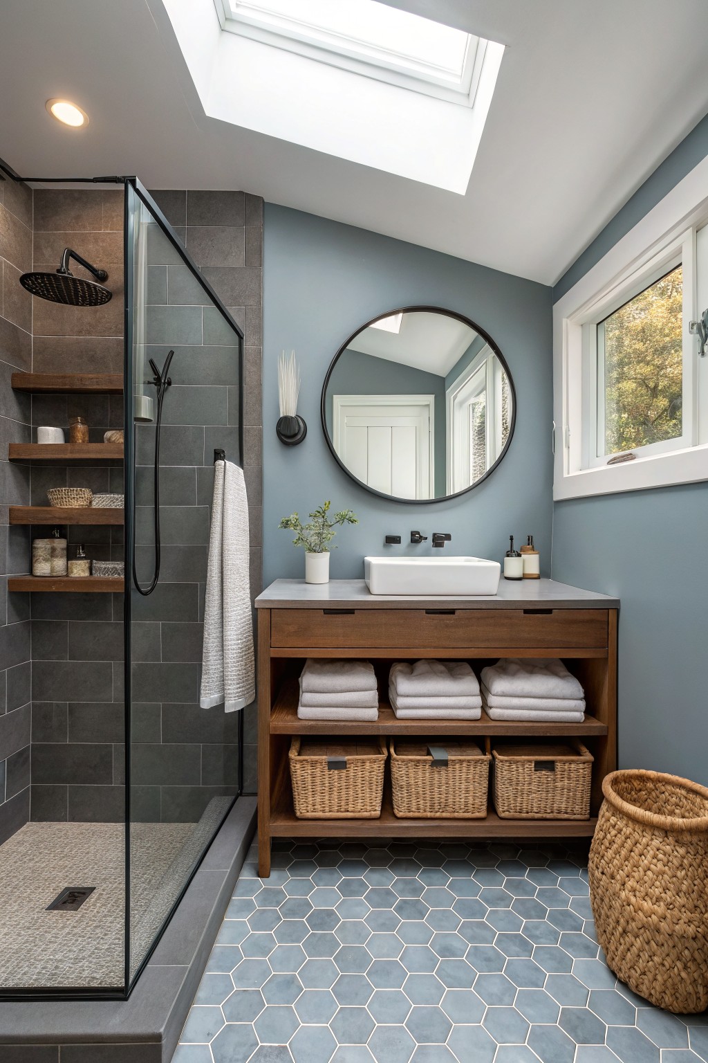 A bathroom with soft blue gray walls, a wood vanity, and gray tile floor.