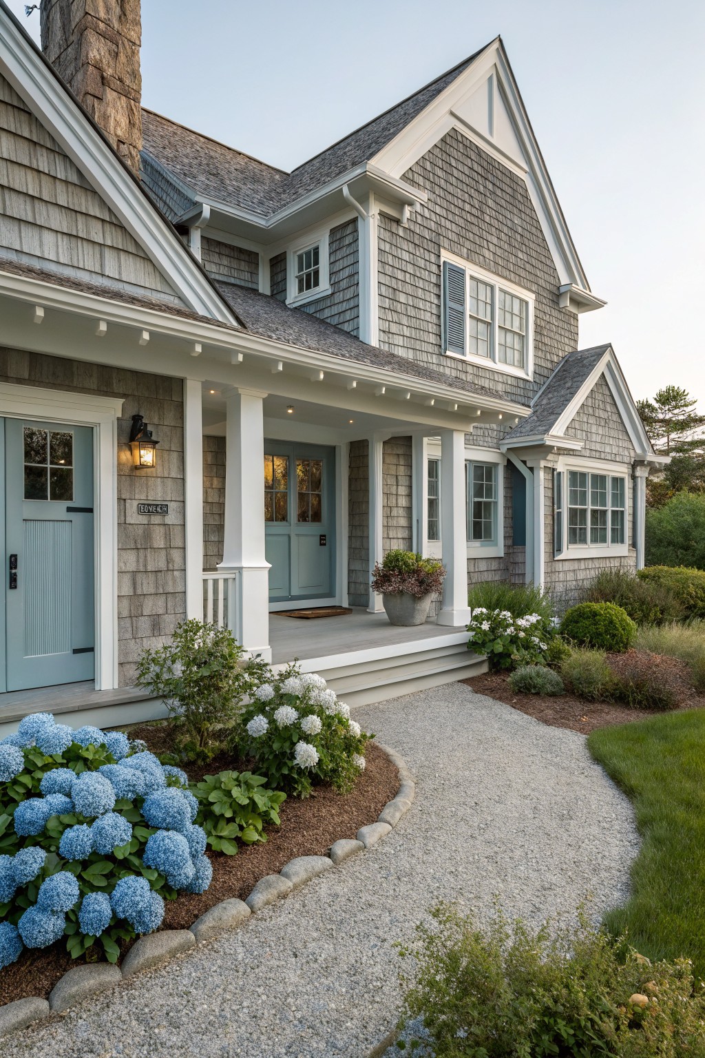 Gray shingle siding on a house with white trim and a gravel path in front.