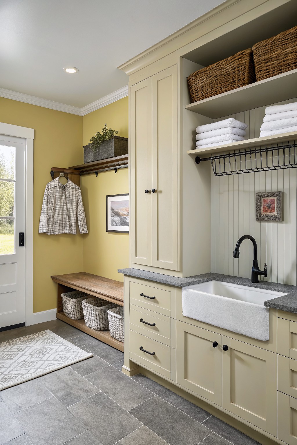 Beige mudroom with farmhouse sink, wooden bench, plaid shirt, and wicker baskets.