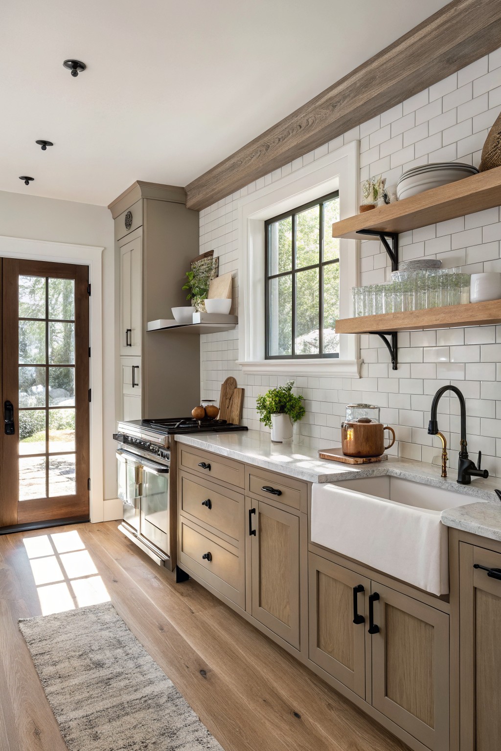 Modern kitchen with wooden cabinets, white farmhouse sink, and floating shelves.