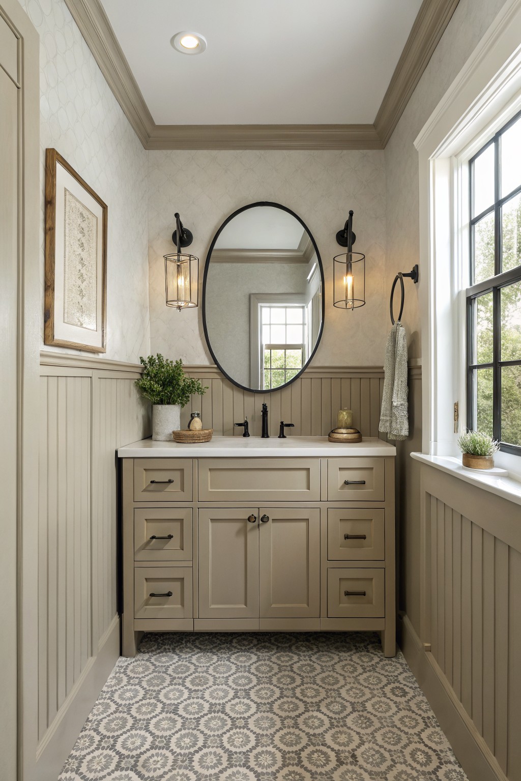 A bathroom featuring soft greige wainscoting and a matching vanity cabinet.