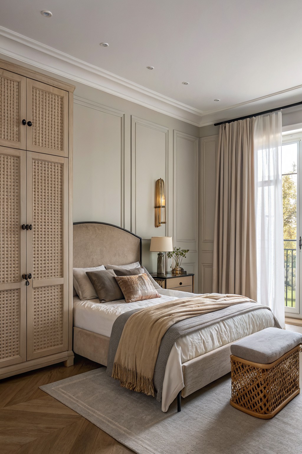 Light greige walls in a bedroom with wood flooring and a tall cabinet.