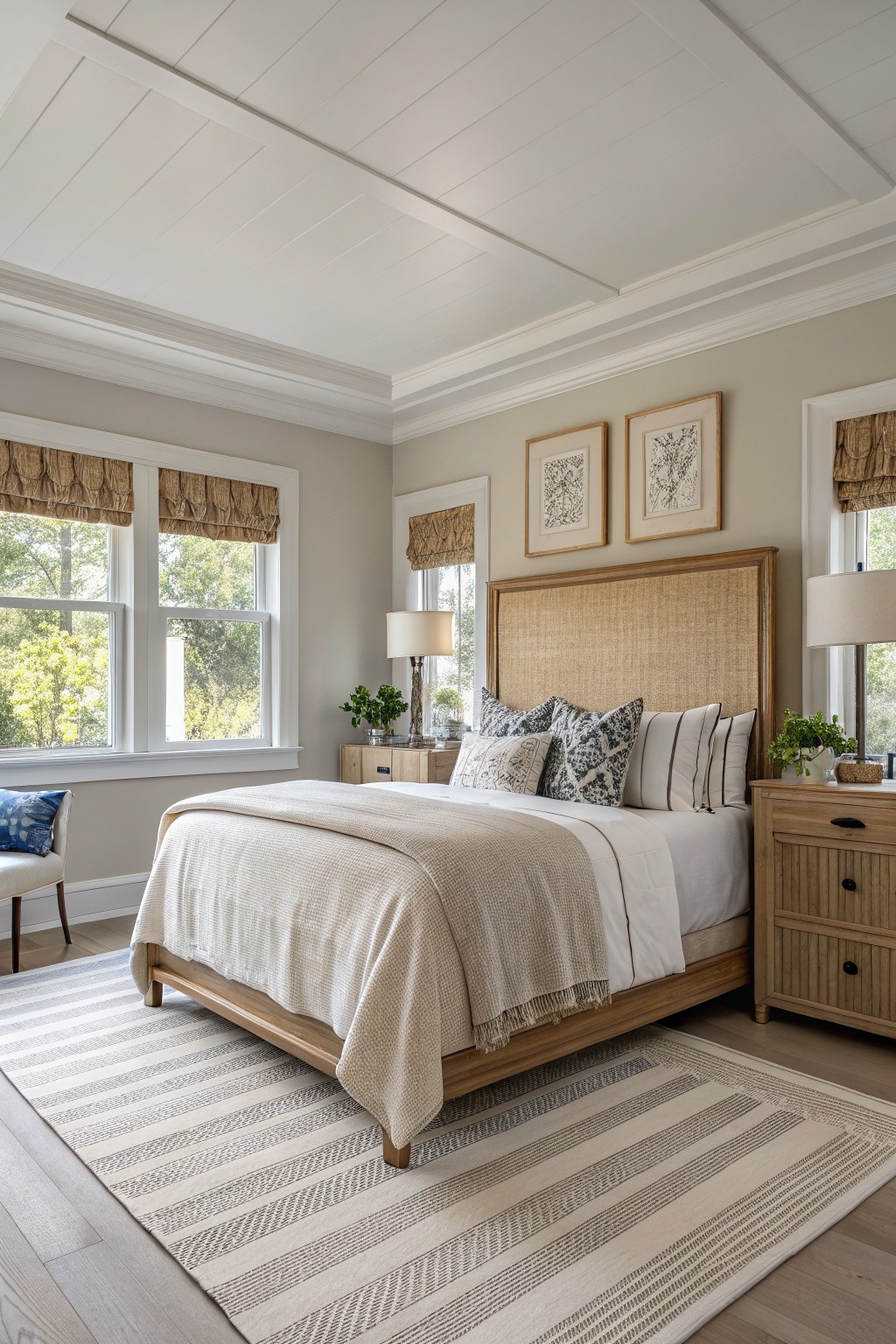 A bedroom with soft greige walls and wood furniture.