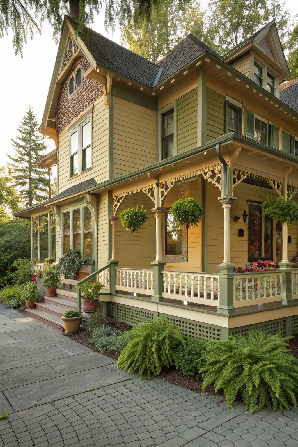 A house exterior painted in soft sage green siding with cream trim and a covered porch.