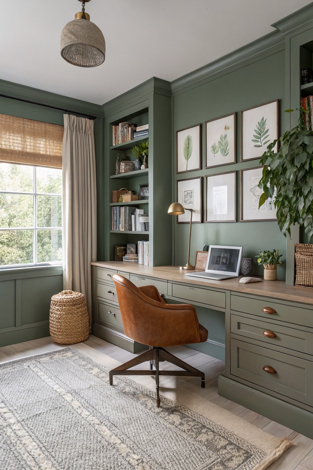 Sage green home office with built-in desk, brown leather chair, and botanical prints