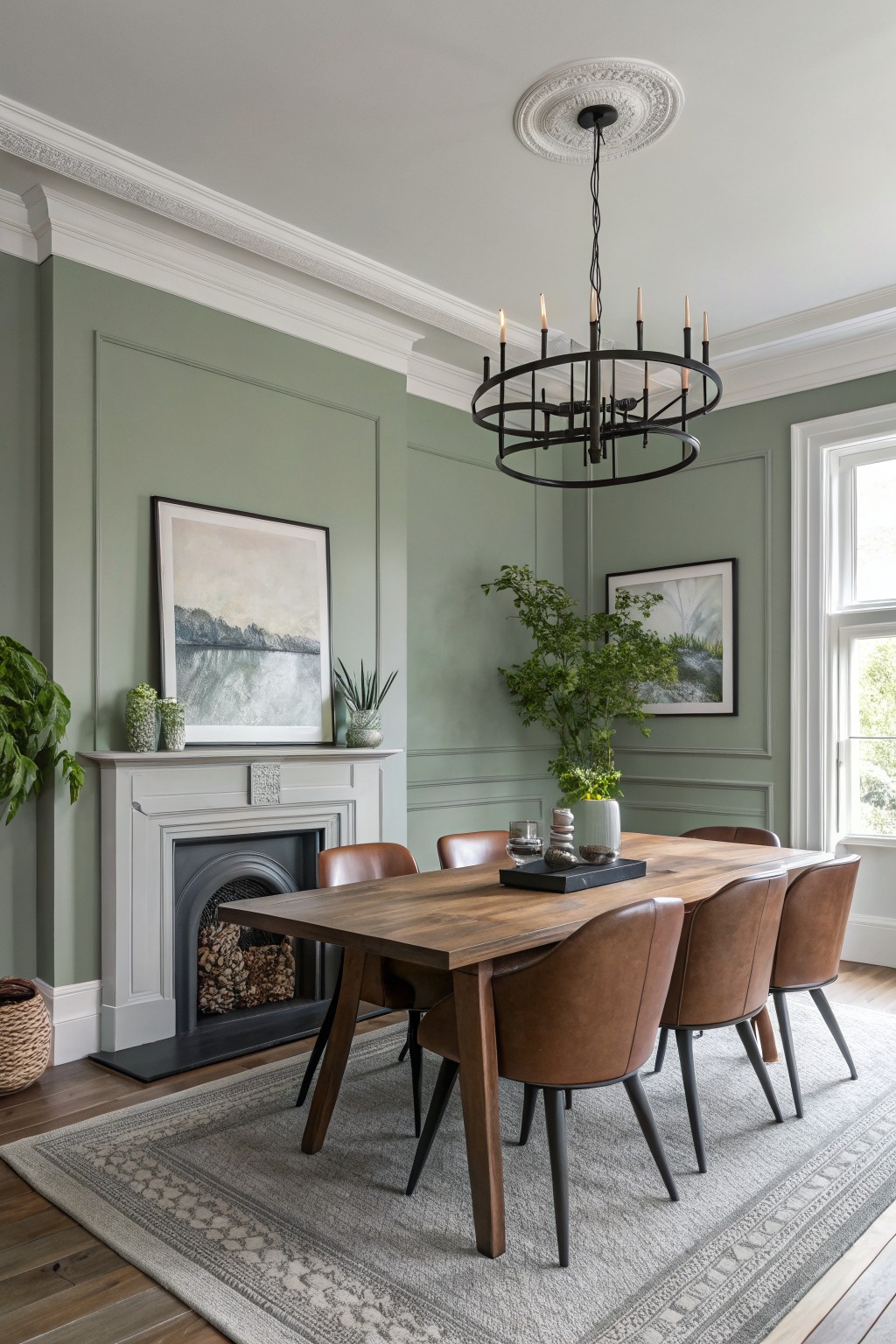 Sage green walls in a dining room with white trim and a wood table.