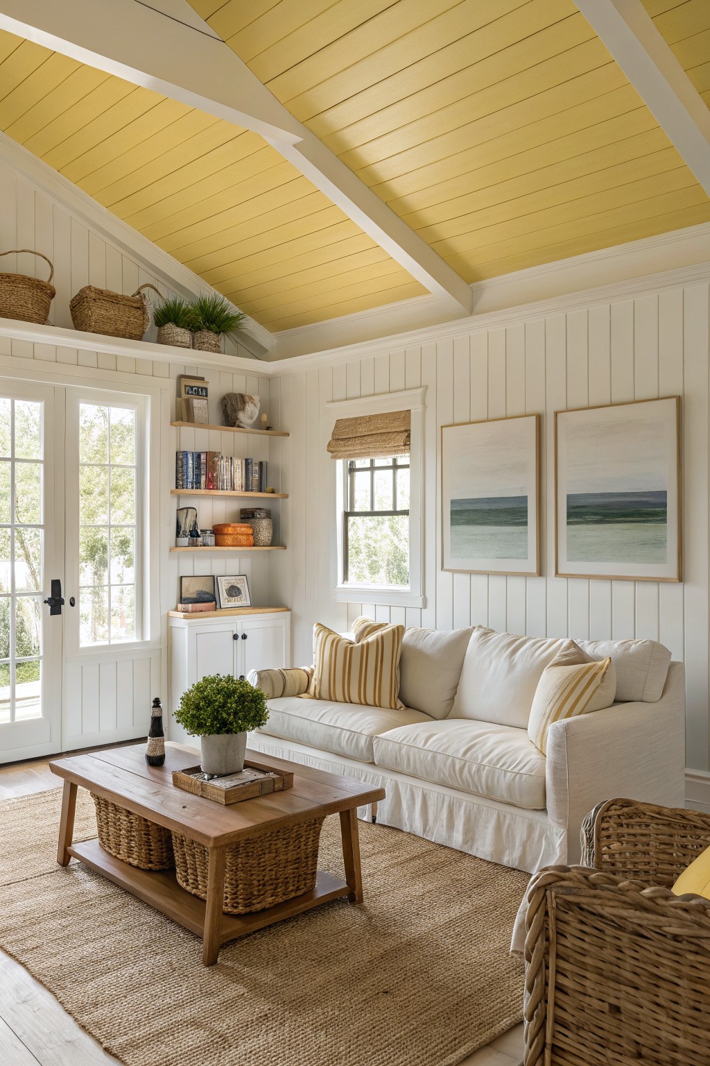 A living room with a soft yellow ceiling and white walls.