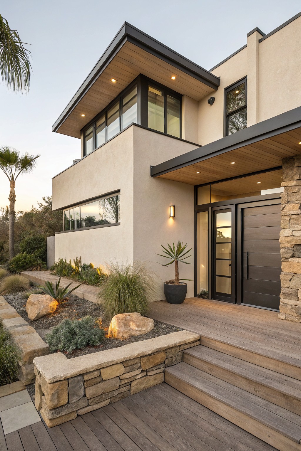 Modern two-story home with wooden deck, stone accents, and landscaped garden at dusk.