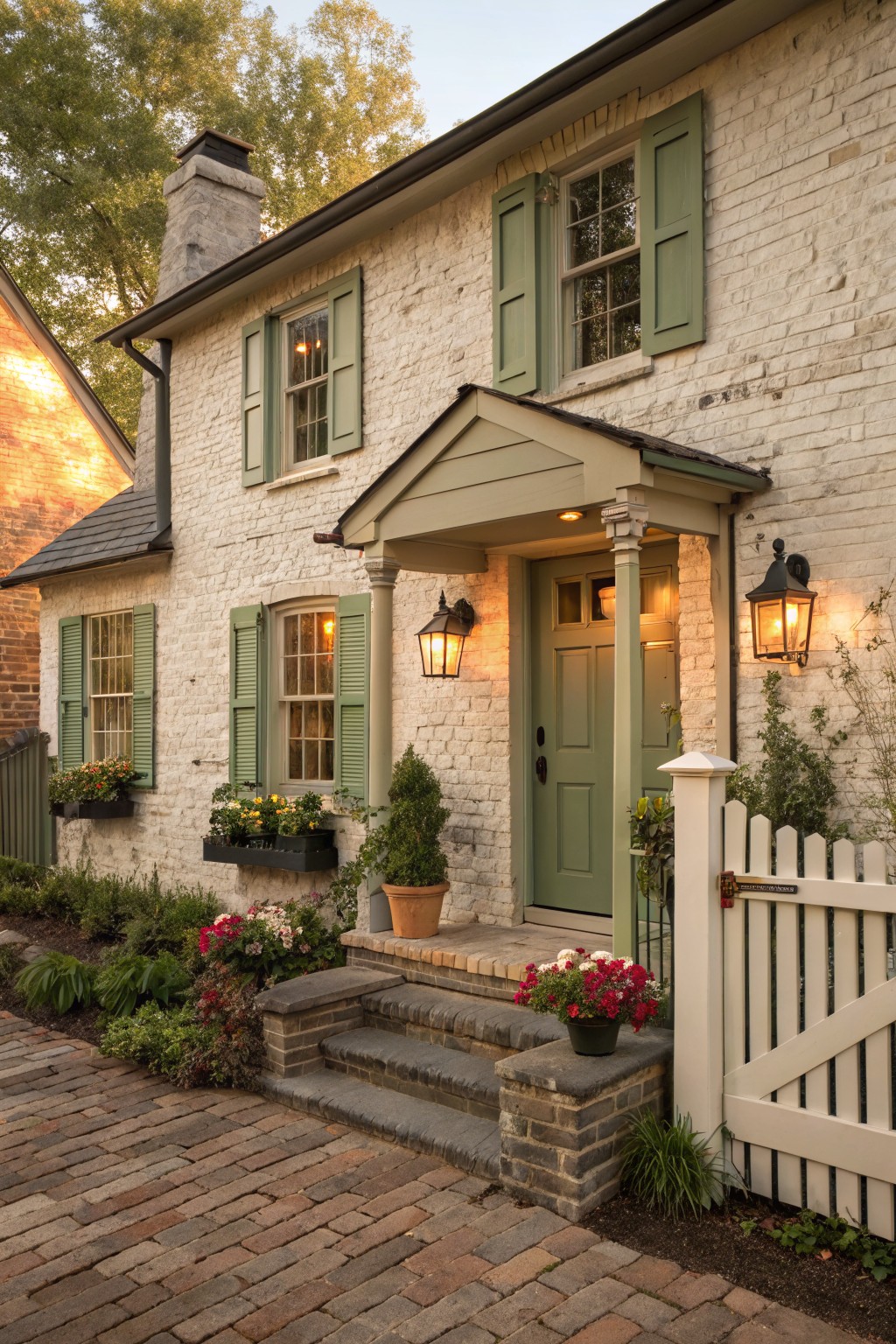 A brick house exterior painted in a soft warm white.