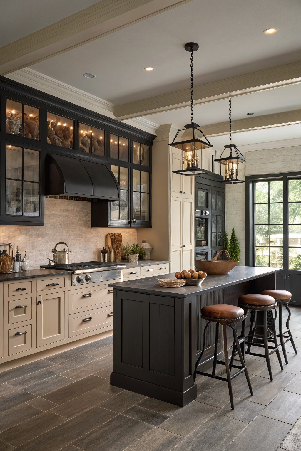 Two-tone kitchen cabinets with black uppers and warm greige lowers.
