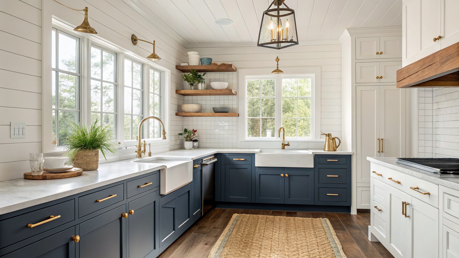 Lower kitchen cabinets painted deep navy blue with white upper cabinets and marble counters.