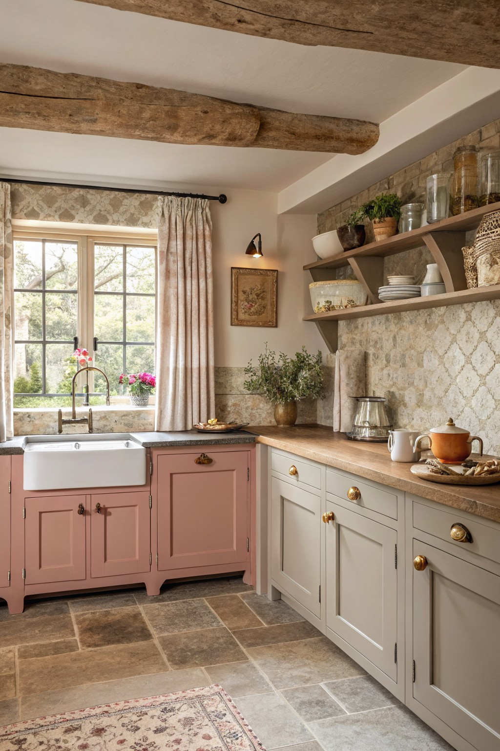 Two-tone kitchen cabinets in muted rose and light gray.