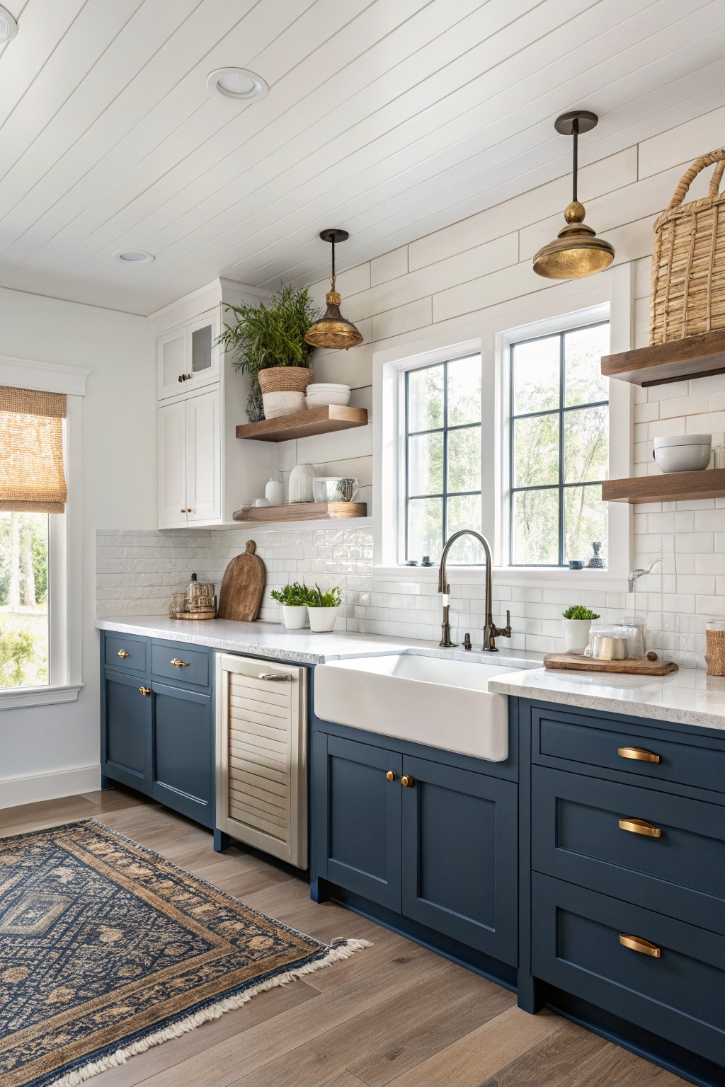 Lower kitchen cabinets painted deep navy blue with white upper cabinets and marble counters.
