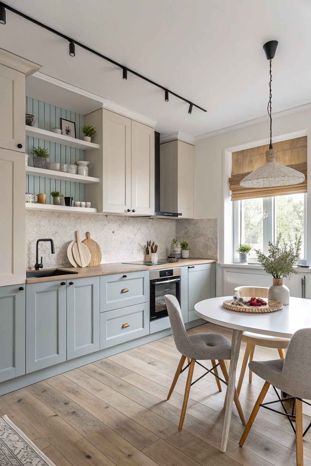Kitchen with cream upper cabinets and soft blue gray lower cabinets.