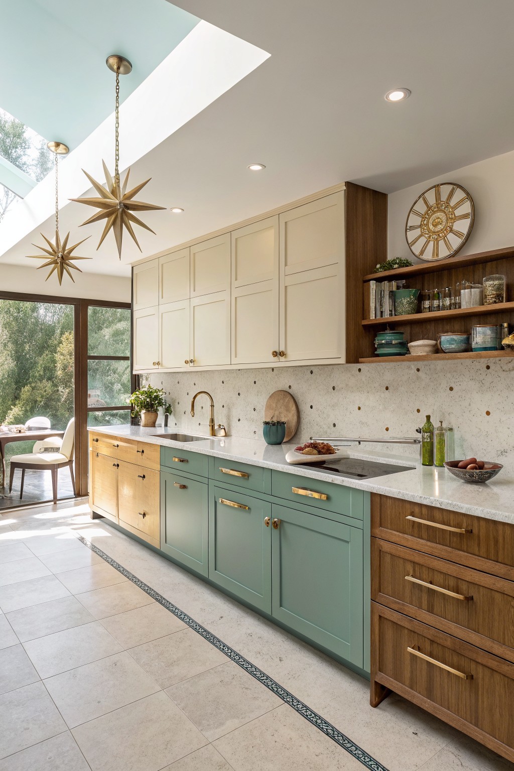 Lower cabinets in a soft sage green with cream uppers in a bright kitchen.