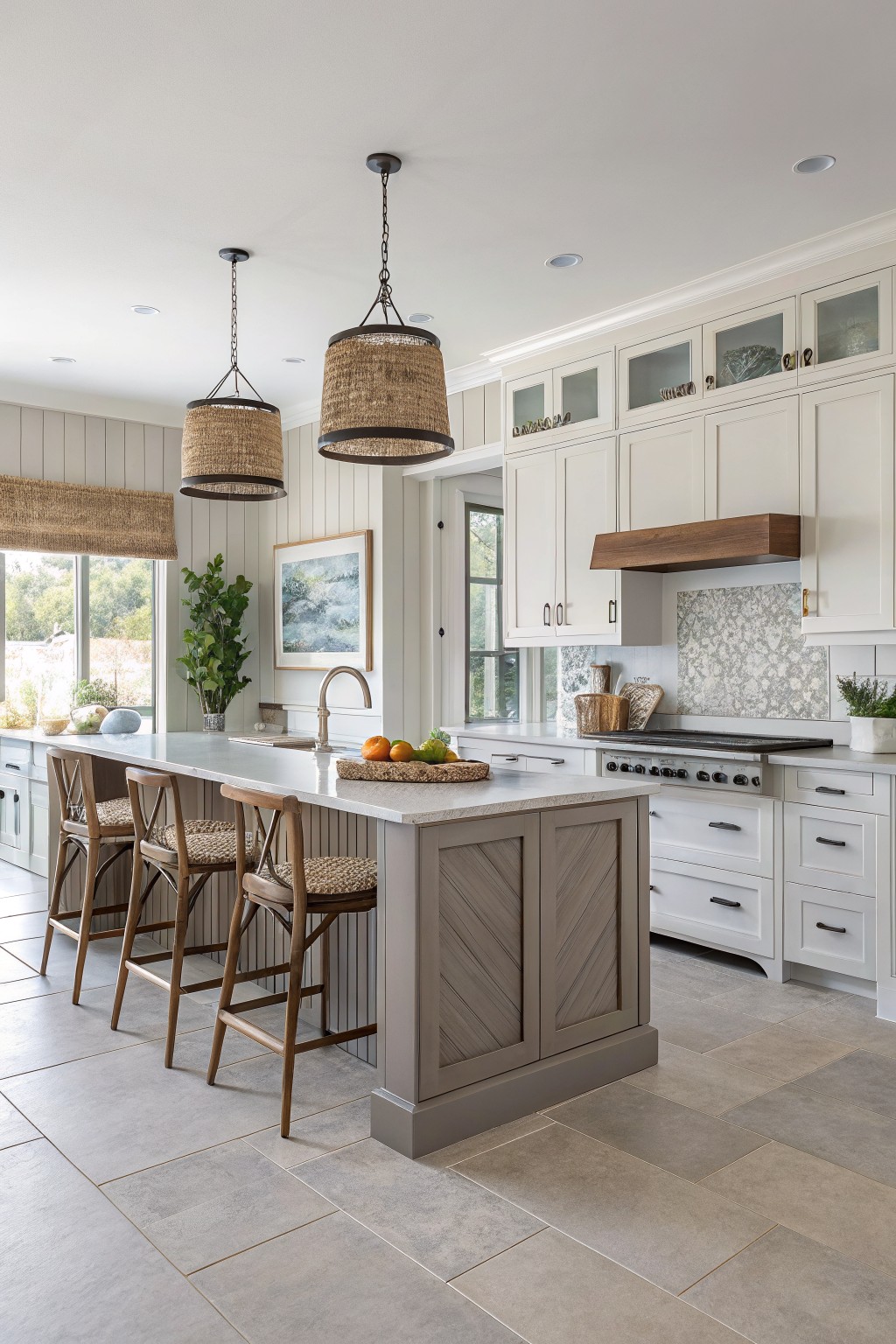 Kitchen with white upper cabinets and soft greige island cabinets.