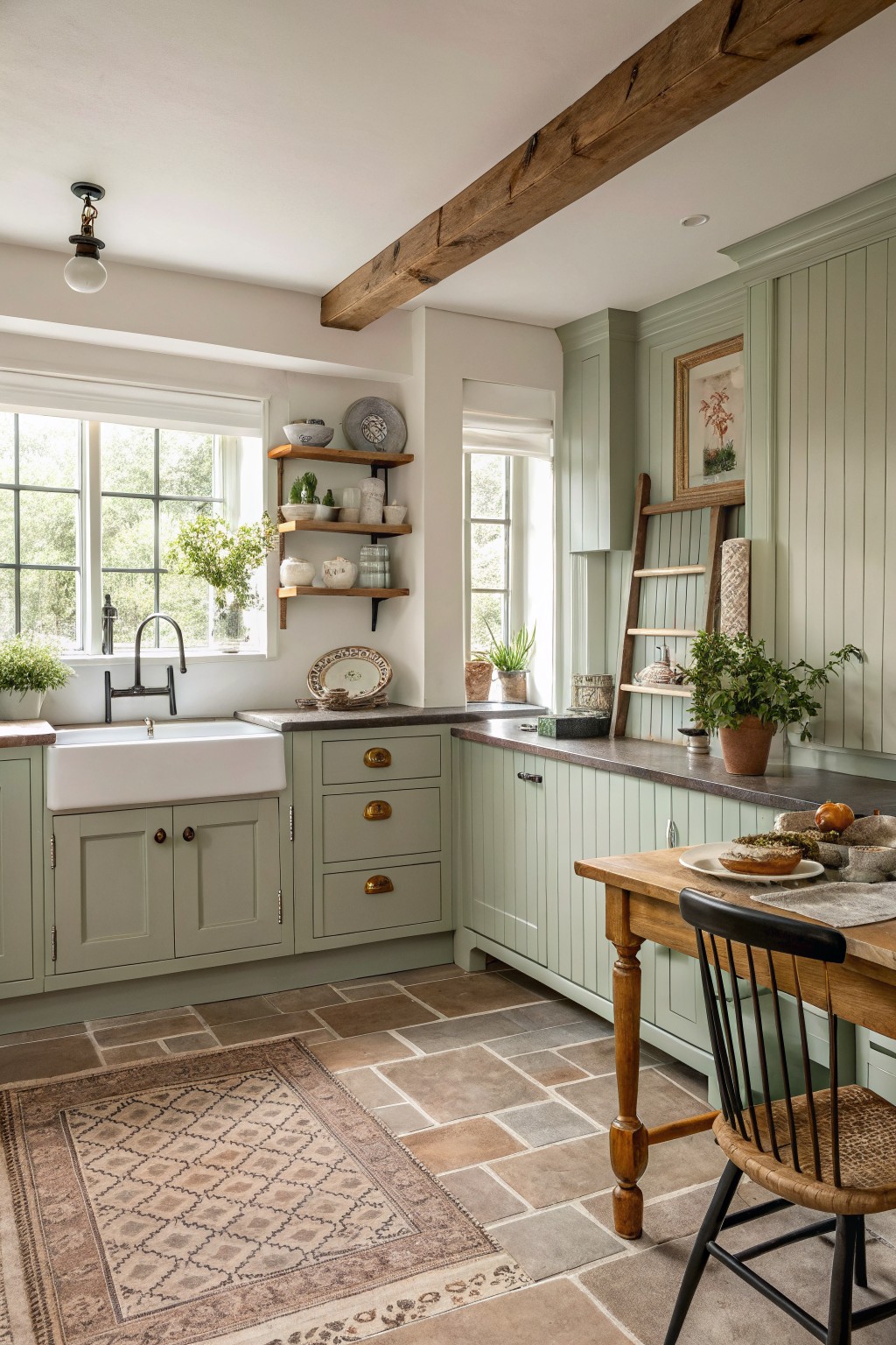 Sage green cabinets cover the walls of a kitchen with wood counters and stone floors.
