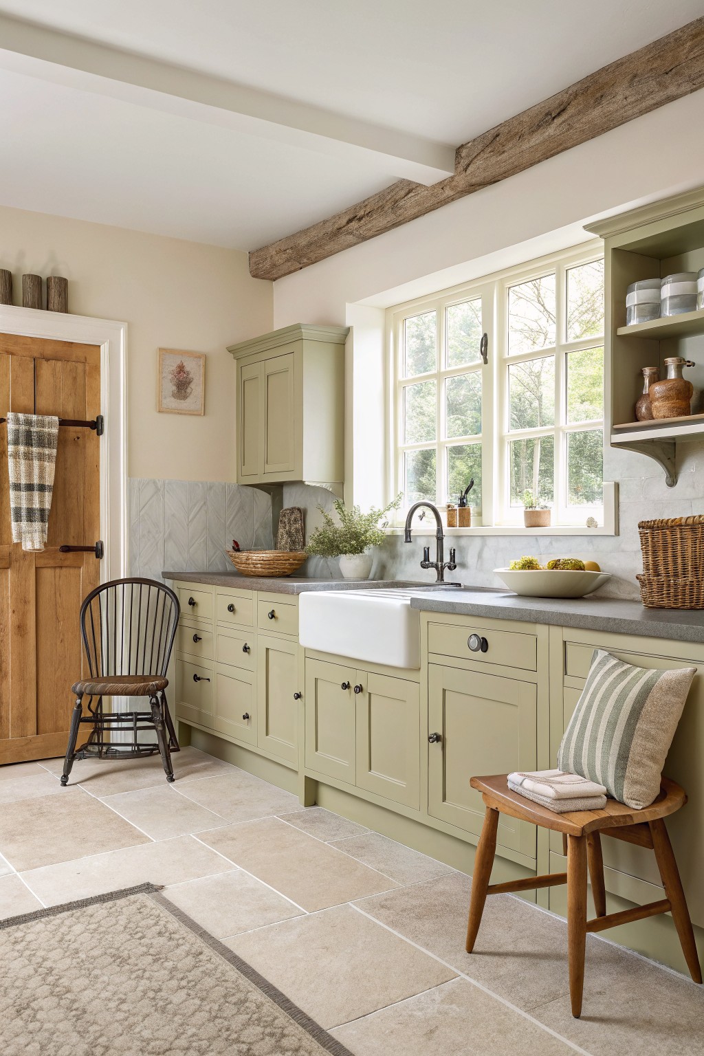 Sage green kitchen cabinets with a white sink and gray stone counters.