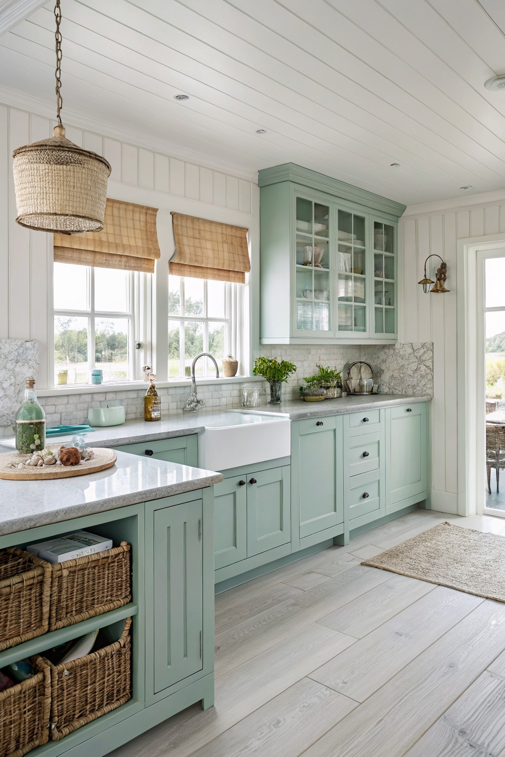 Bright kitchen with mint green cabinets, white farmhouse sink, and woven pendant light.