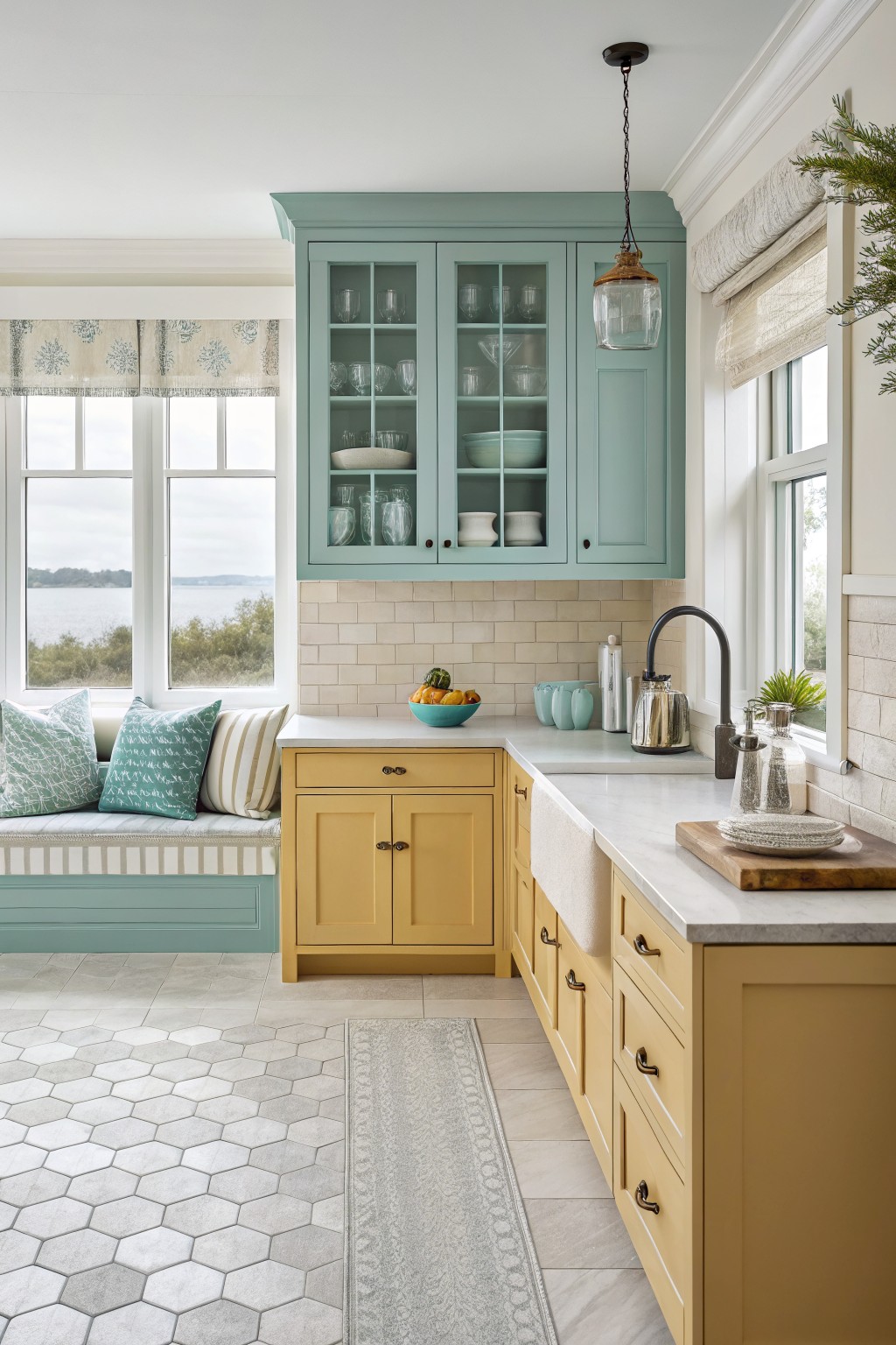 Kitchen with soft teal upper cabinets and warm yellow lower cabinets.