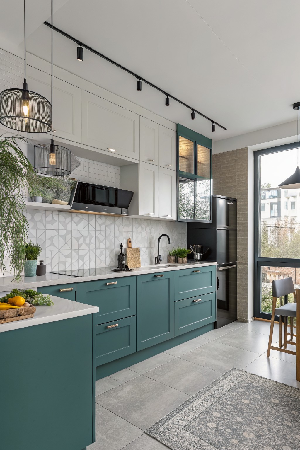 Kitchen with white upper cabinets and teal lower cabinets.