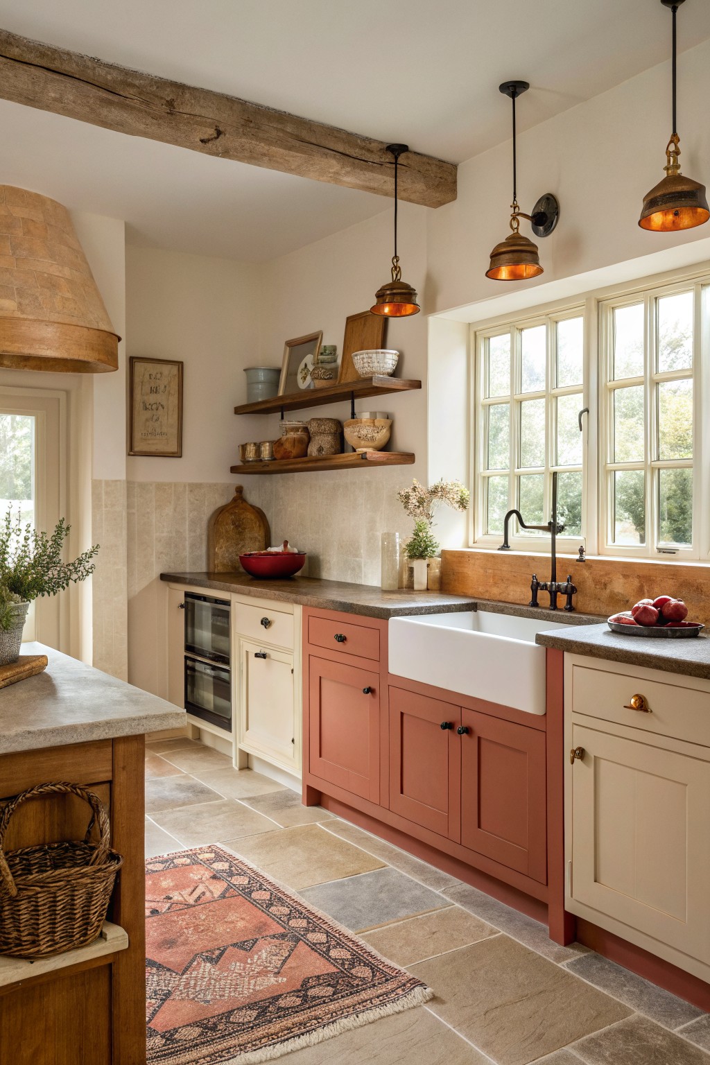 Two-tone kitchen cabinets painted in warm terracotta and cream.