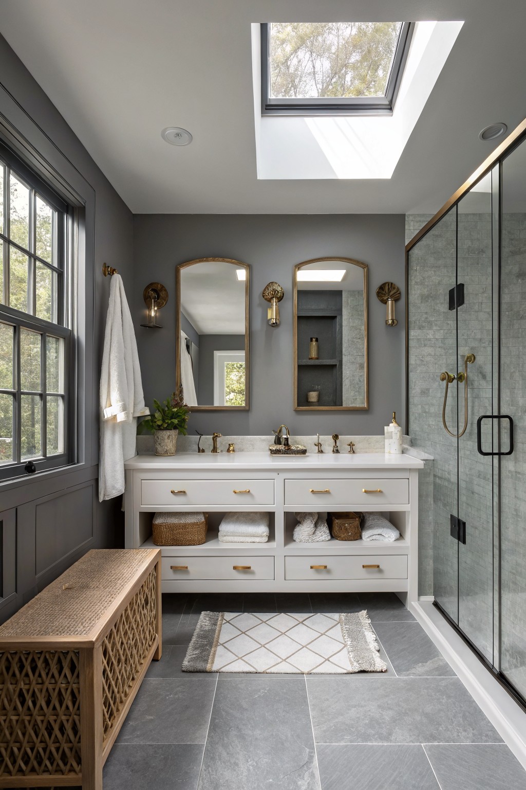 A bathroom with medium gray walls and a white double vanity.