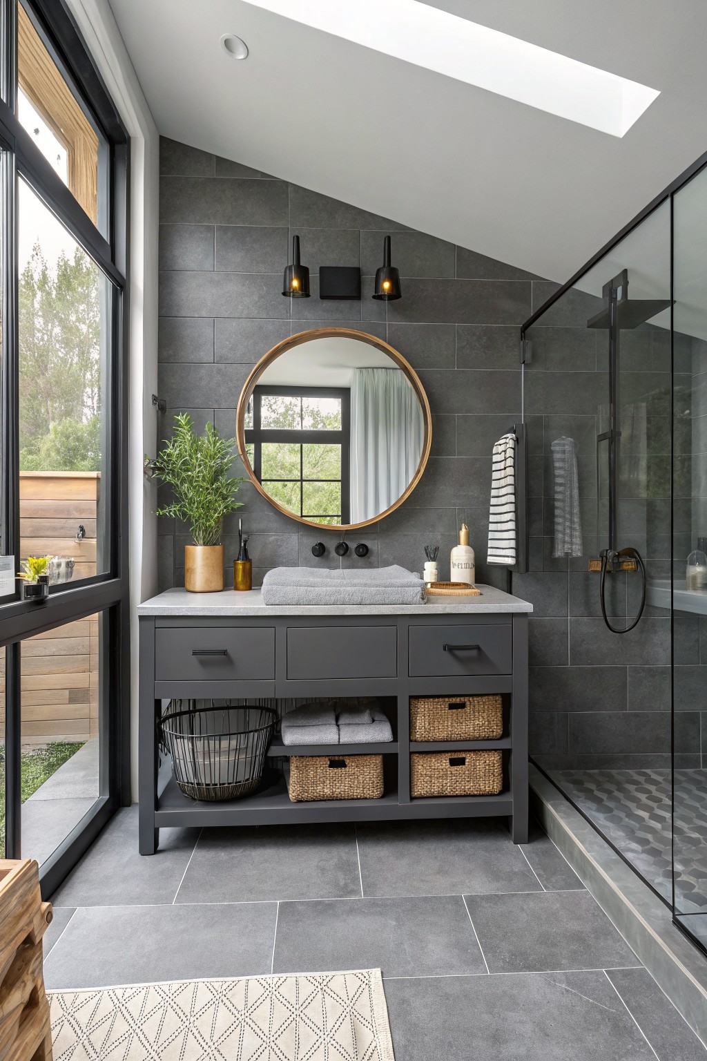 Dark charcoal gray painted vanity in a modern bathroom with gray tile walls.