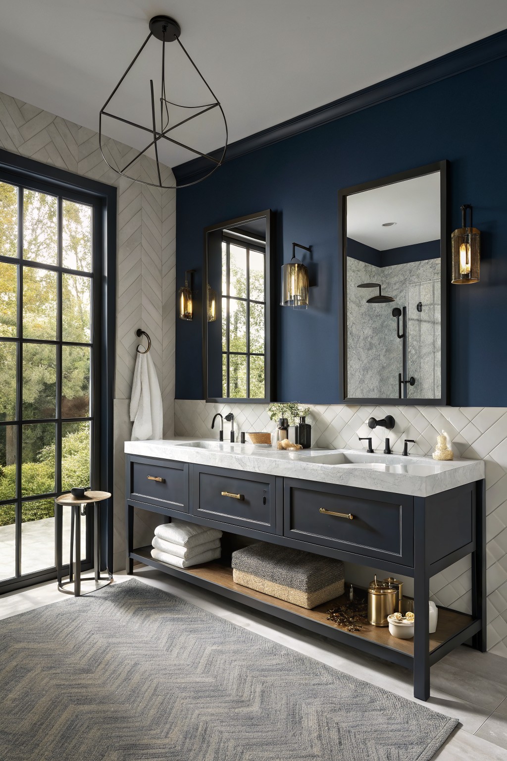 Bathroom with deep navy walls and a double vanity under two mirrors.