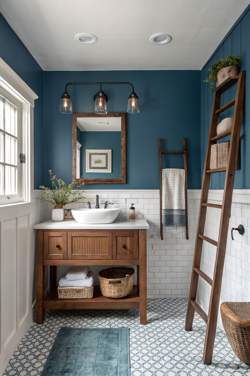 Bathroom with deep navy walls painted above white subway tile.