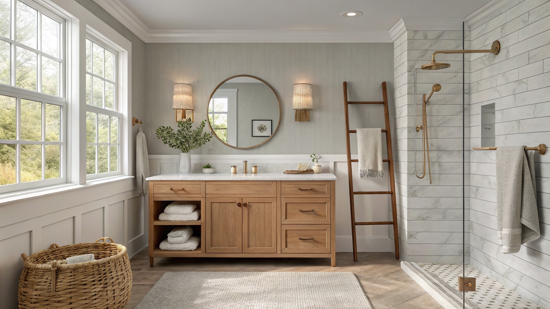 Bathroom walls painted in a soft greige color above white wainscoting.