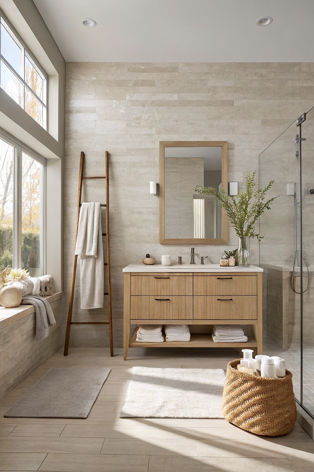 Bathroom walls in a soft greige with a light wood vanity and open shelving below.
