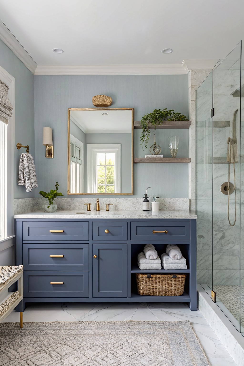 Blue vanity with marble countertop, gold mirror, floating shelves, and glass shower.