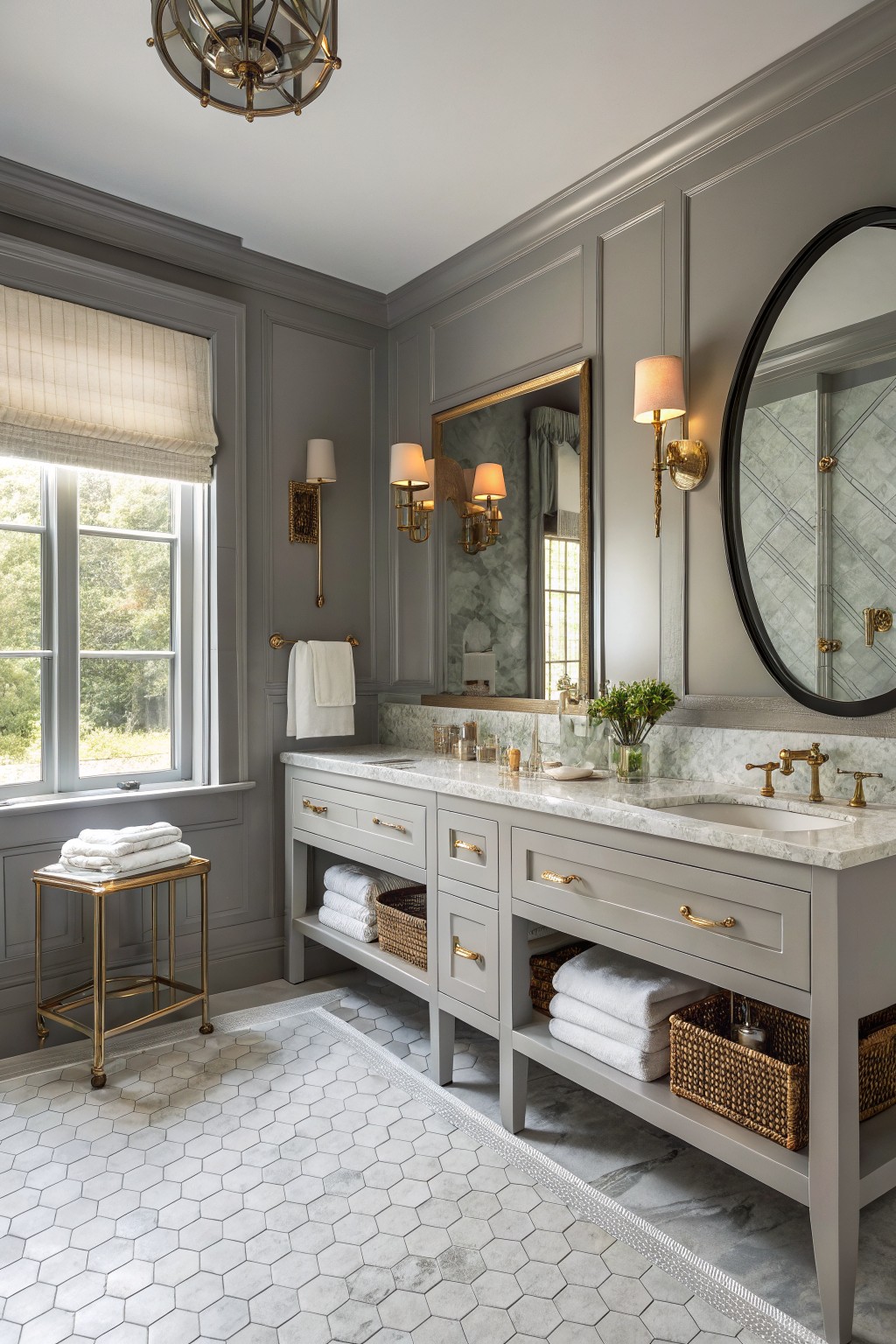 A bathroom with soft gray paneled walls, marble counters, and brass fixtures.