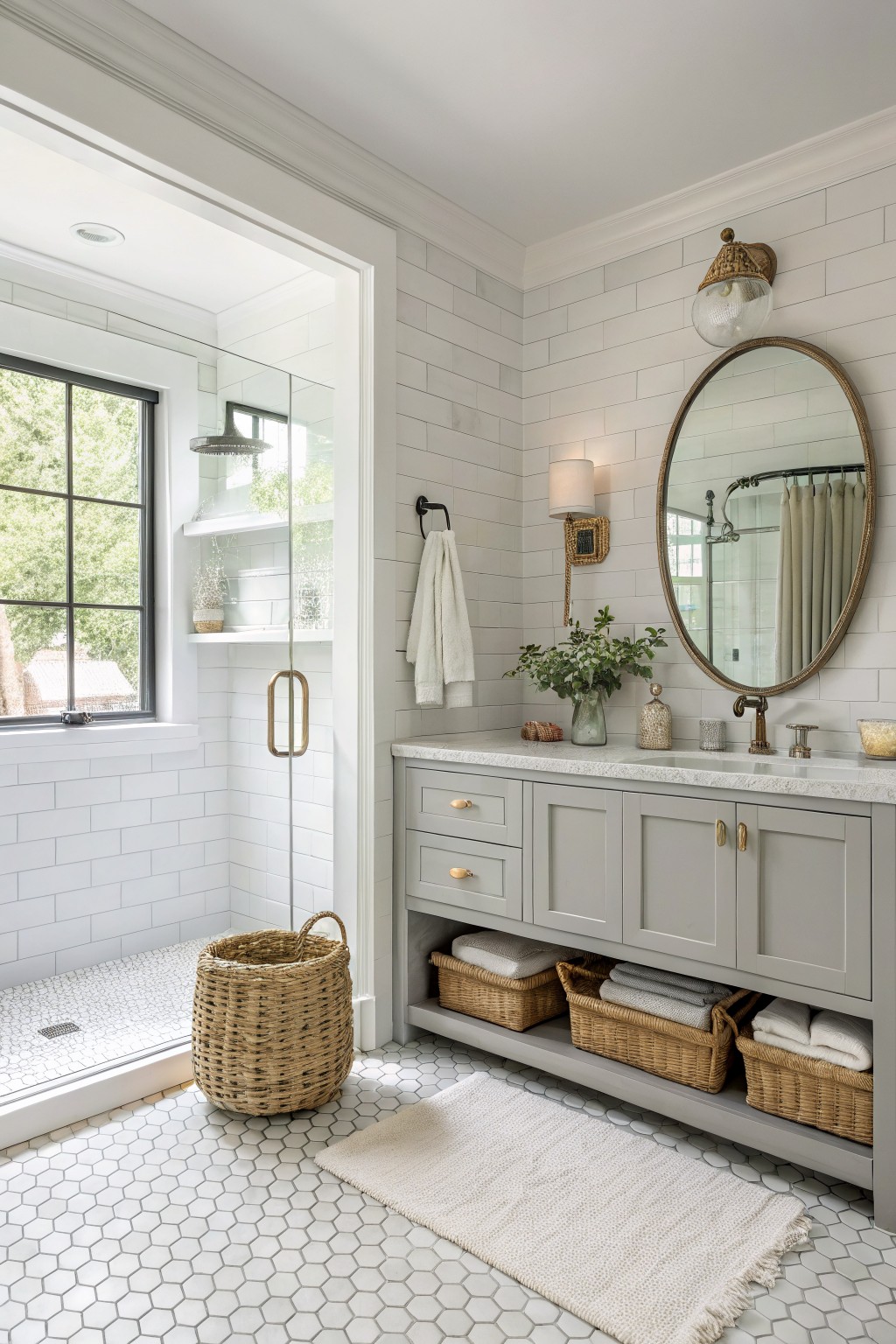 Modern bathroom with white subway tiles, gray vanity, round mirror, and woven baskets