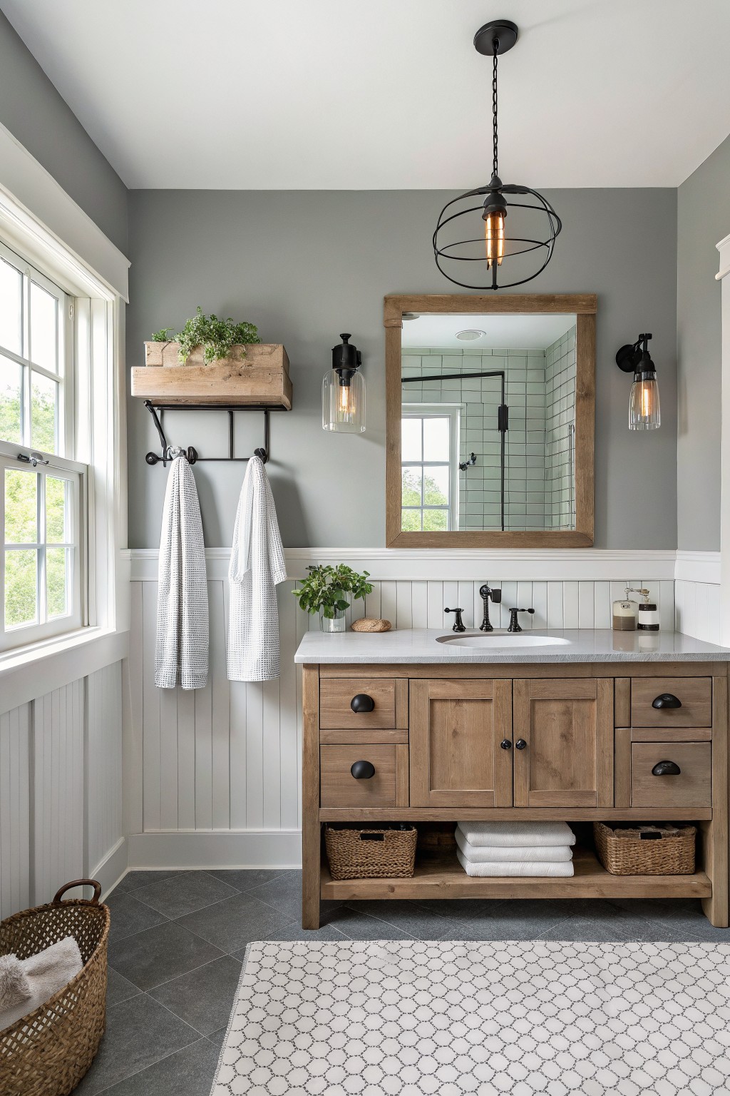 Modern farmhouse bathroom with wood vanity, gray walls, marble sink, and black fixtures.