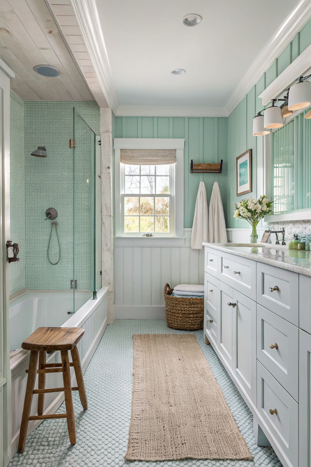 Mint green bathroom with white vanity, glass shower, wooden stool, and woven rug