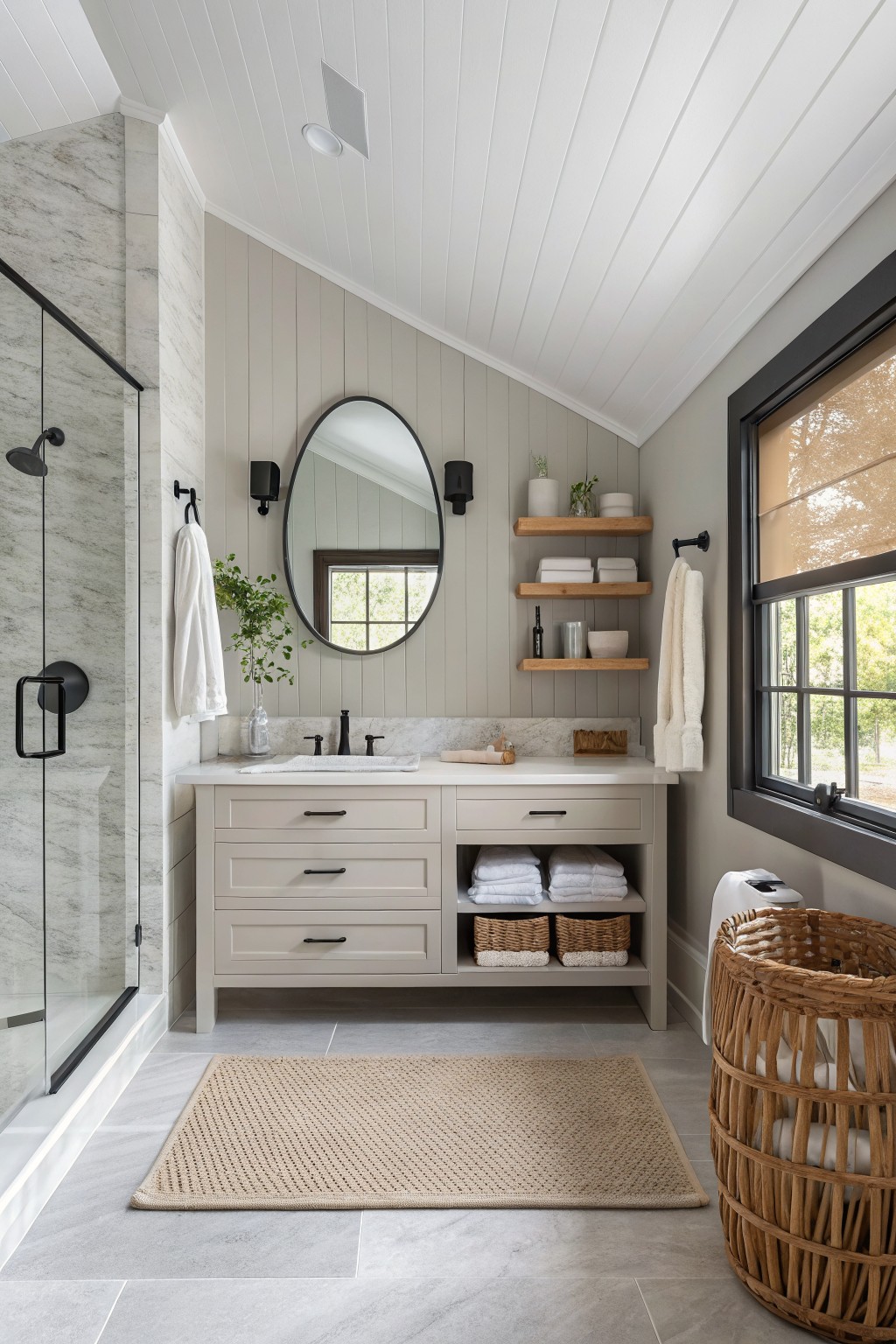 Light greige walls in a modern bathroom with a white vanity and open wood shelves.