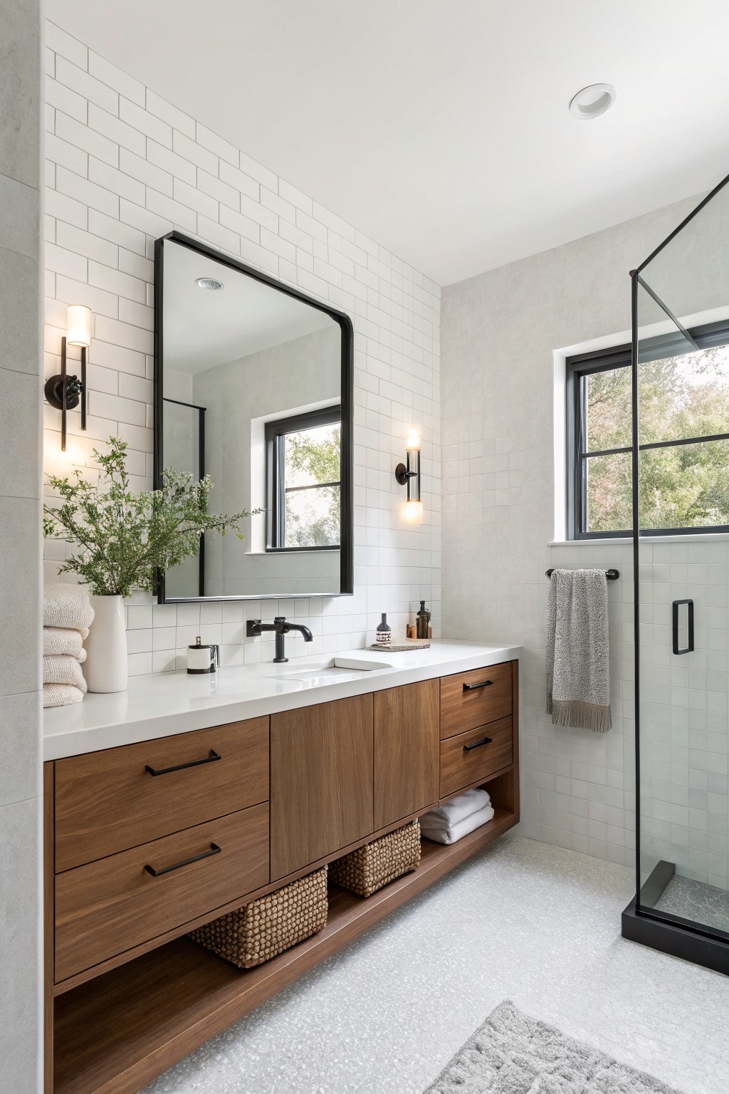 Bathroom with light gray painted walls next to white subway tile.